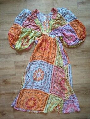 SUNDRESS FRANCE Revolve Tiya Maxi Dress XS  S Patchwork Print  Deep V-Neck